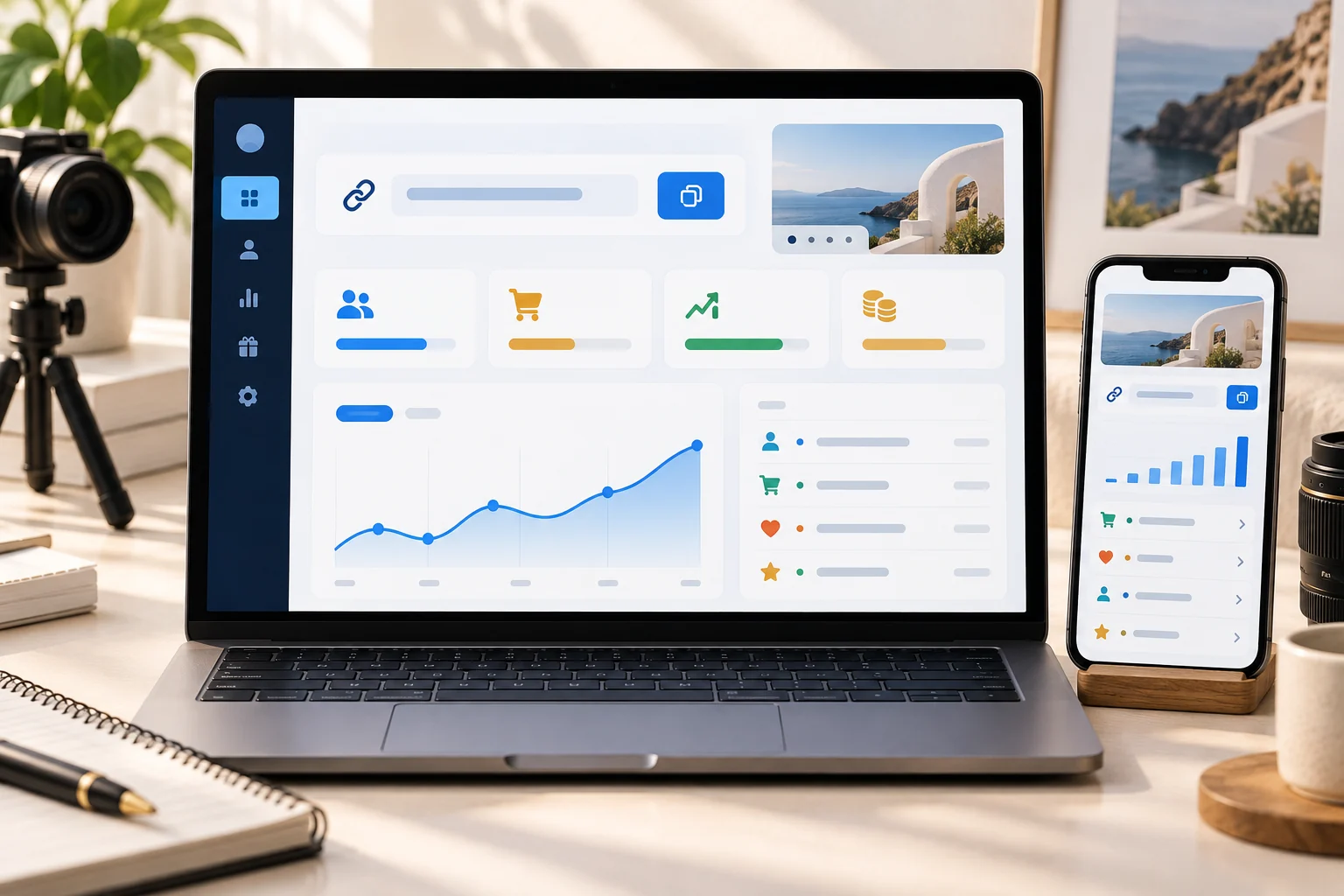 A privacy-safe creator dashboard connected to visits, signups, profiles, and conversions.