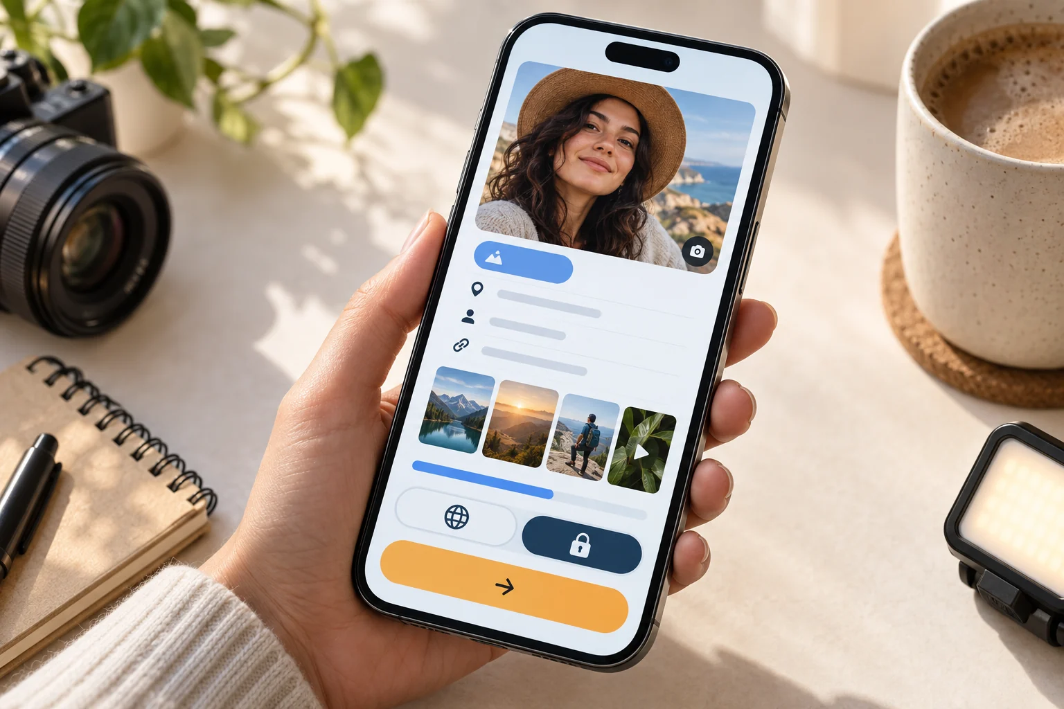 A creator assembling a trusted professional profile with photos, location, and completed steps.
